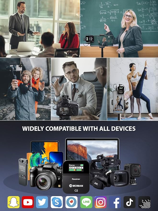 Moman Wireless Lavalier Microphone C2X, 2.4G Dual Transmitter Lapel Mic 656FT 8H for Online Class Vlog Stream YouTube for Camera Smartphone Tablet (C2X Dual) - Image 6