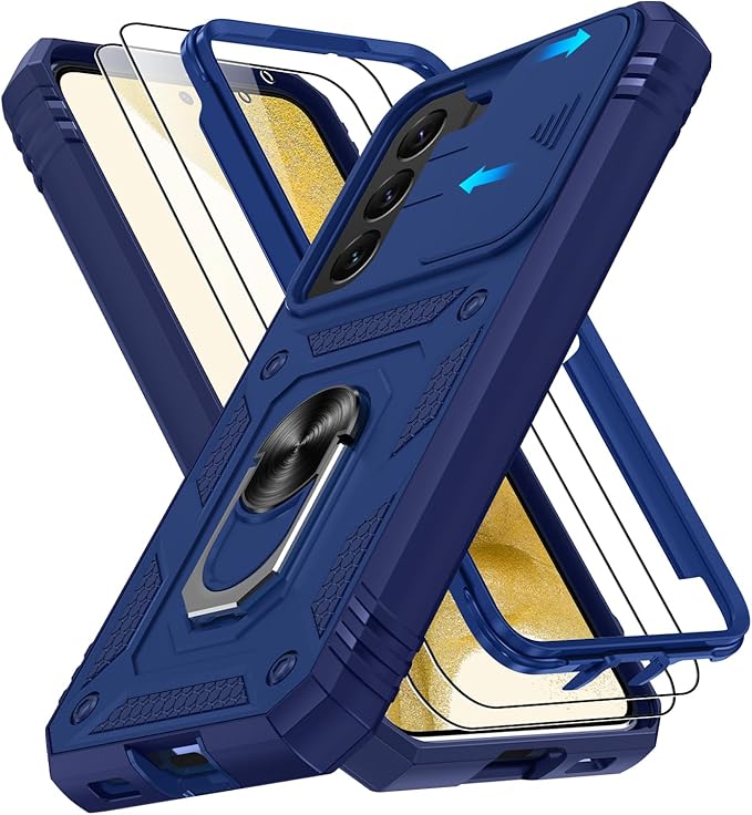 Gritup for Samsung Galaxy S22 Case with Slide Camera Cover & Screen Protector*2, 360 Rotating Ring Kickstand, Military Grade Protective Case for Galaxy S22 Phone, Blue by Gritup