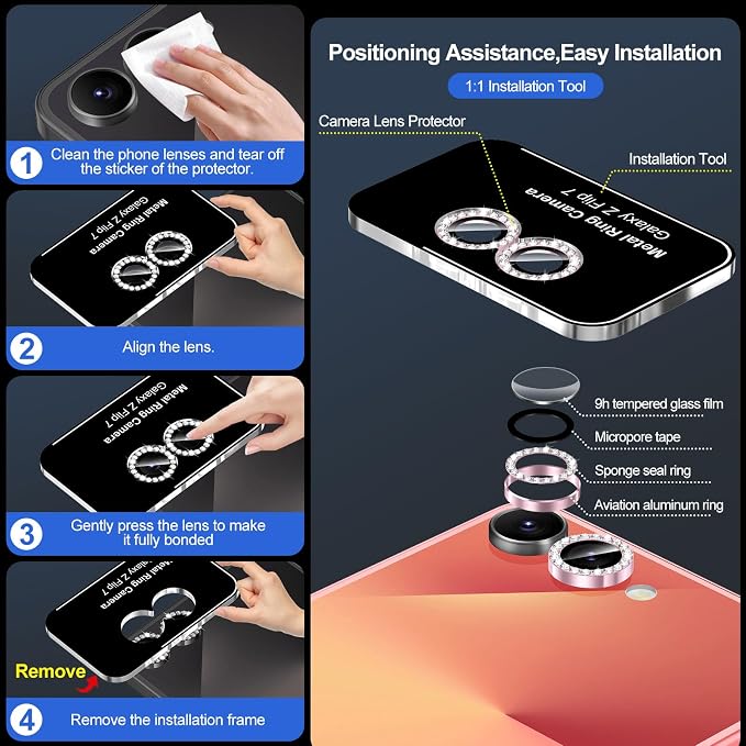 for Samsung Galaxy Z Flip 7 Camera Lens Protector, Individual Metal Ring Tempered Glass Lens Cover, [Strong Adsorption] Scratch Resistant Ultra-Thin HD Clear Lens Cover, 1 Set-Pink Diamond - Image 6