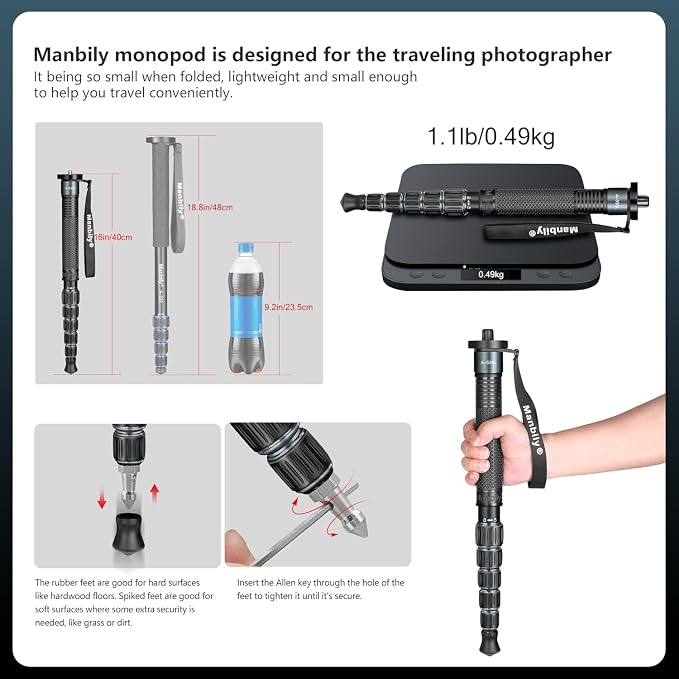 Monopods for Cameras 15.75'' - 61'' Camera Monopod Walking Stick with Handle Portable Compact Travel Monopod Aluminum Selfie Stick 6 Sections 7KG for DSLR Video Camcorder Stand (A-555L Grey) - Image 3