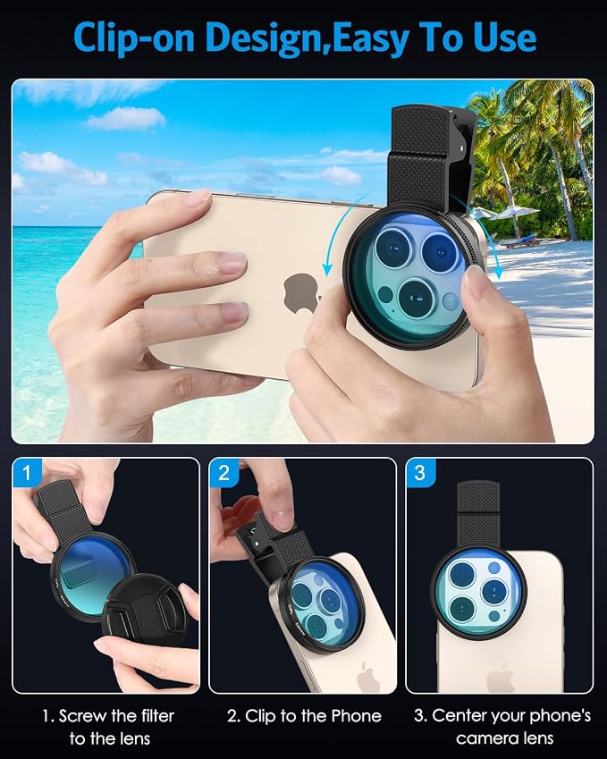 AMIR 52MM Clip-on CPL Phone Camera Lens Filter, Circular Polarizer Filter, Phone Lens Filter Kit Compatible with iPhone 17 16 15 14 13 12, Google Pixel and Other Android Smart Phones - Image 4