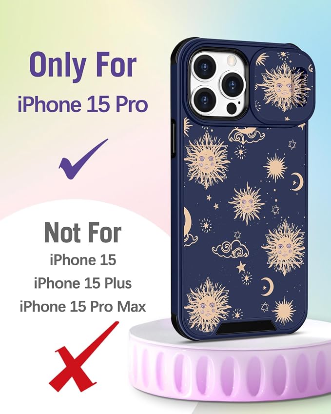 Buleens for iPhone 15 Pro Case 6.1 Inch - with Ring Stand & Camera Cover Aesthetic Cute Designed for Women Girls Sun Moon Stars for Phone Case for iPhone 15 Pro Compatible with Magsafe - Image 2