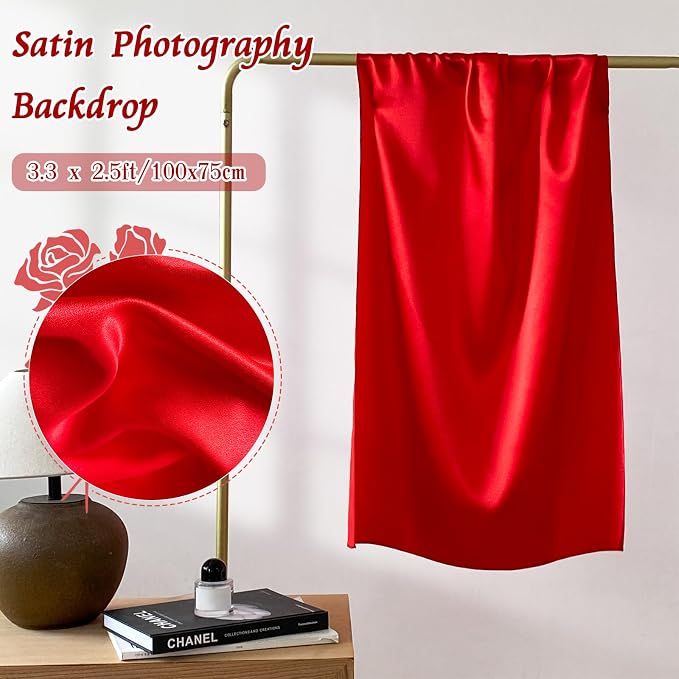 RUDONG M Satin Photography Backdrop, Red, 3.3x2.5ft | Wrinkle-Free, Silky Fabric, For Jewelry/Cosmetics/Flat Lay/Studio, 100x75cm - Image 4