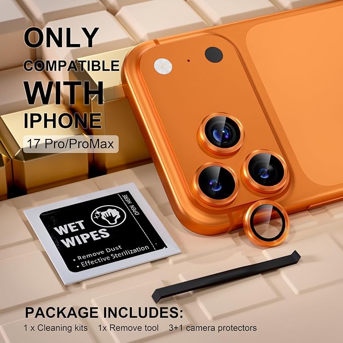 Misea Compatible for iPhone 17 Pro/iPhone 17 Pro Max Camera Lens Protector | 9H Tempered Glass Ultra HD Bling Camera Screen Protector Cover Metal Individual Ring Decoration Accessories, Orange - Image 2