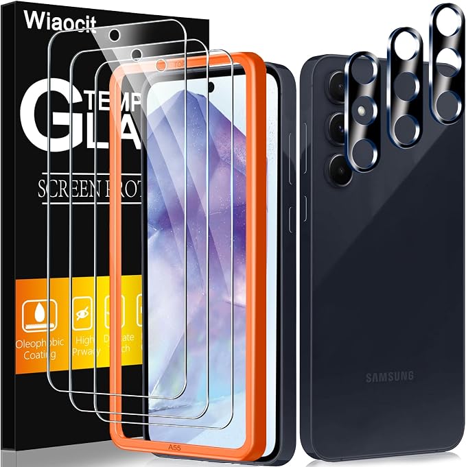 Wiaocit Tempered Glass Screen Protector for Samsung Galaxy A55 5G | 3+3 Pack, 9H Hardness, Camera Lens Protector, Installation Frame, Bubble Free, Case Friendly by Wiaocit