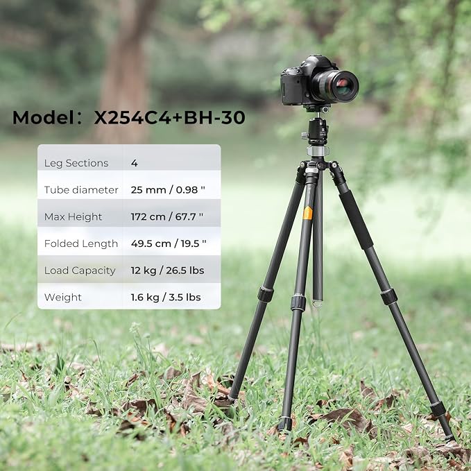 K&F Concept X-Series 68" Carbon Fiber Camera Tripod | Professional Photography Tripod, 30mm Metal Ball Head, Load Capacity 26.4lbs, Indoor Outdoor Use,X254C4+BH-30L - Image 2