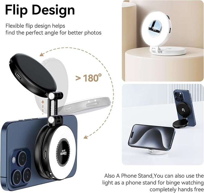 Fill Light Magnetic LED Phone Light Attachment Selfie Ring Light Brightness | LM19 Magnetic Phone Fill Light Adjustable Compatible with iPhone Smartphone Vlogs/Photography/Video Conference Color Black - Image 3