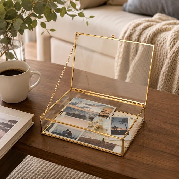 Feyarl Gold Glass Photo Cards Display Box Jewelry Trinket Ring Earring Post Cards Decorative Keepsake Box for Wedding Home Deco Dresser Coffee Table (8.66 x 5.9 x 1.96inch) - Image 4