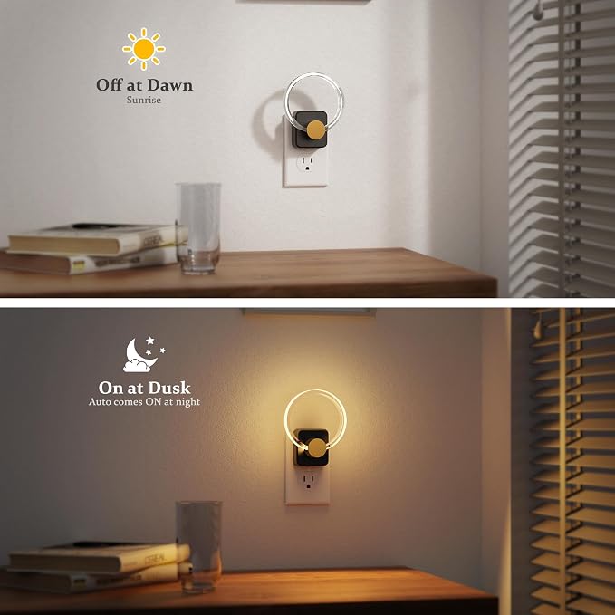JandCase Night Light, 2 Pack Color Changing Night Lights Plug into Wall | RGB Nightlight with Light Sensor, 180° Rotatable Plug in Nightlights, Dimmable Ring Acrylic Night Light for Kids Gift Hallway - Image 2