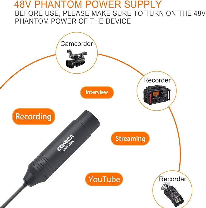 COMICA V02C Cardioid XLR Lavalier Microphone for Camcorder, Zoom Recorder | 48V Phantom Power, with Windmuff, 5.9ft Silicone Cable, XLR Lapel Mic for Interviews, Vlogging, and Studio Mixers - Image 4