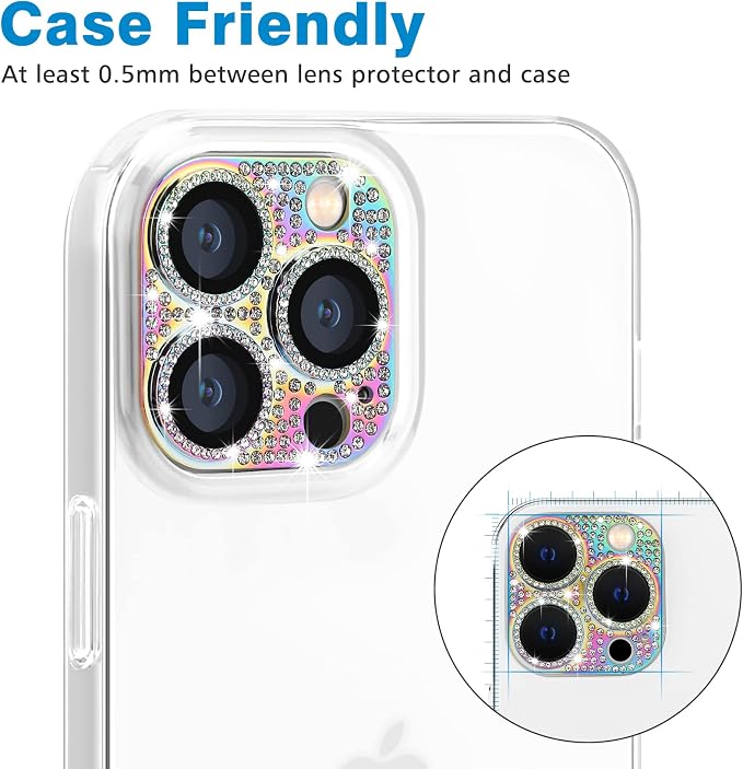 for iPhone 13 Pro & iPhone 13 Pro Max Camera Lens Protector, Bling 3D Rhinestone Diamond 9H Tempered Glass Camera Cover Anti Scratch Shockproof Metal Lens Screen Full Protective Cover -Colorful - Image 4