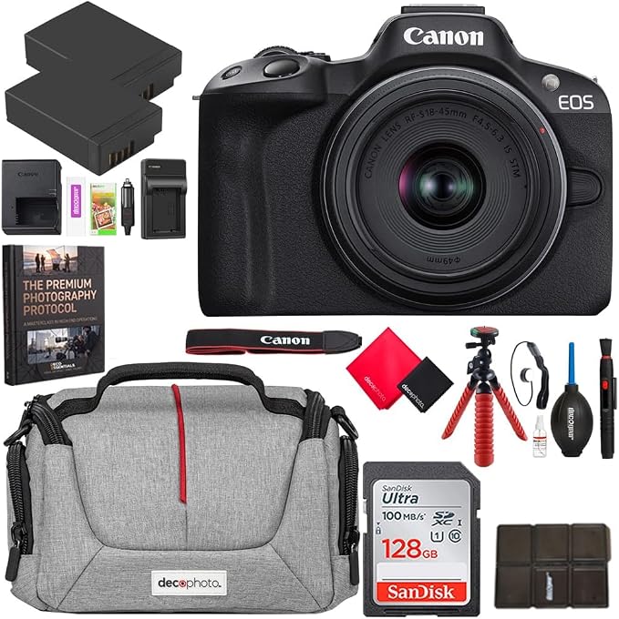 Canon EOS R50 Mirrorless Camera (Black) with RF-S 18-45mm F4.5-6.3 is STM Lens 5811C012 Bundle with Deco Gear Photography Bag + 2 x Battery + 128GB Memory Card + Photography Pro + Accessories Kit by Unknown