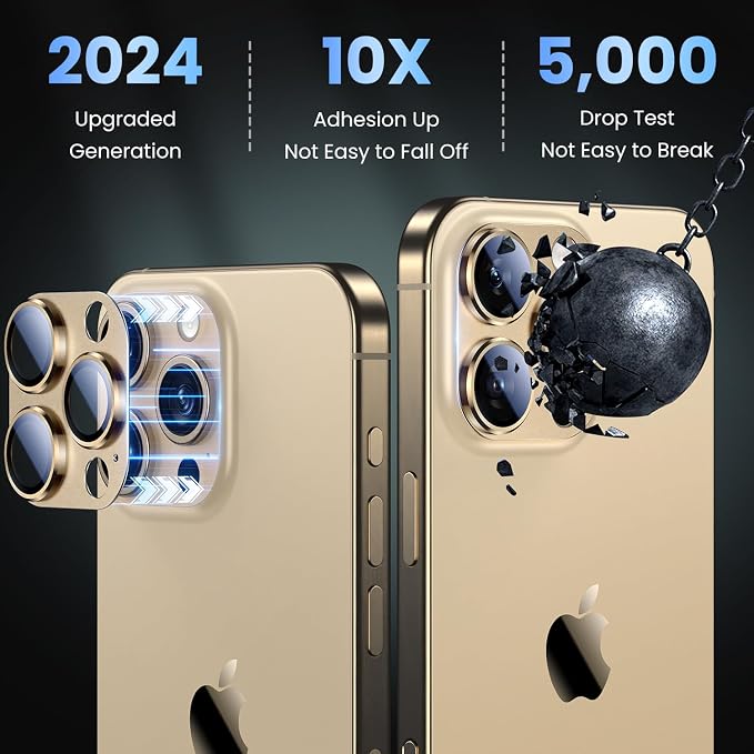 Uyiton for iPhone 16 Pro/iPhone 16 Pro Max Camera Lens Protector | Not Easy to Break, Strong Adsorption, Case-Friendly, Metal 9H Sapphire Glass Rear Camera Screen Cover, Gold, 2 Pack - Image 2