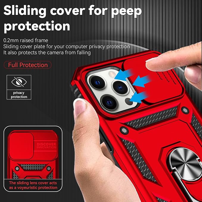 HNHYGETE for iPhone 12 Pro Max Case with Screen Protector: [Military Grade 20ft. Drop Tested] Slide Camera Cover Ring Shockproof Protective Phone Case for - iPhone 12 Pro Max (Red) - Image 4
