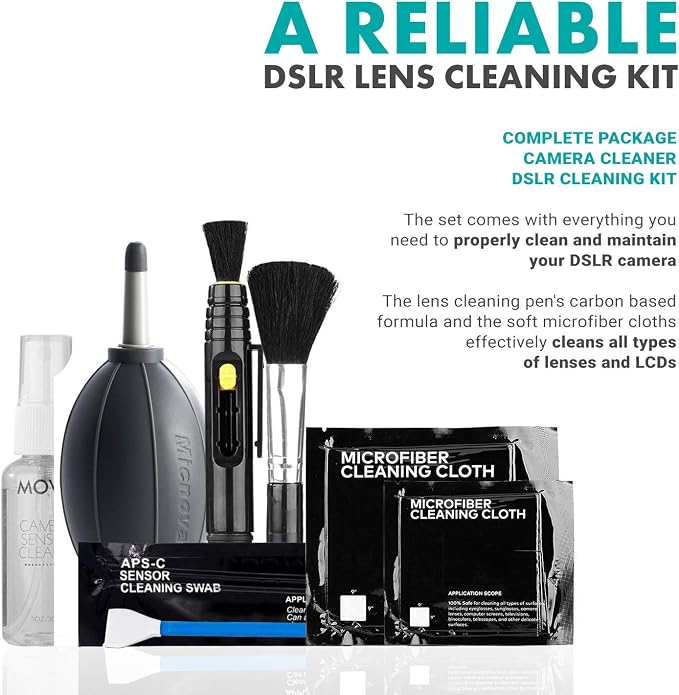 Movo Deluxe Essentials DSLR Camera Cleaning Kit with 10 APS-C Cleaning Swabs, Sensor Cleaning Fluid, Rocket Air Blower, Lens Pen, Soft Brush, 2X Small and 2X Large Microfiber Cloths and Carrying Case - Image 2