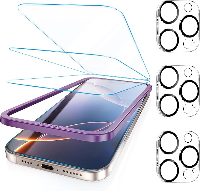 Fotbor [3+3 Pack for iPhone 16 Pro Screen Protector, Anti-Blue Light, [Eye Protection] 9H+ Tempered Glass with Camera Lens Protector by Fotbor