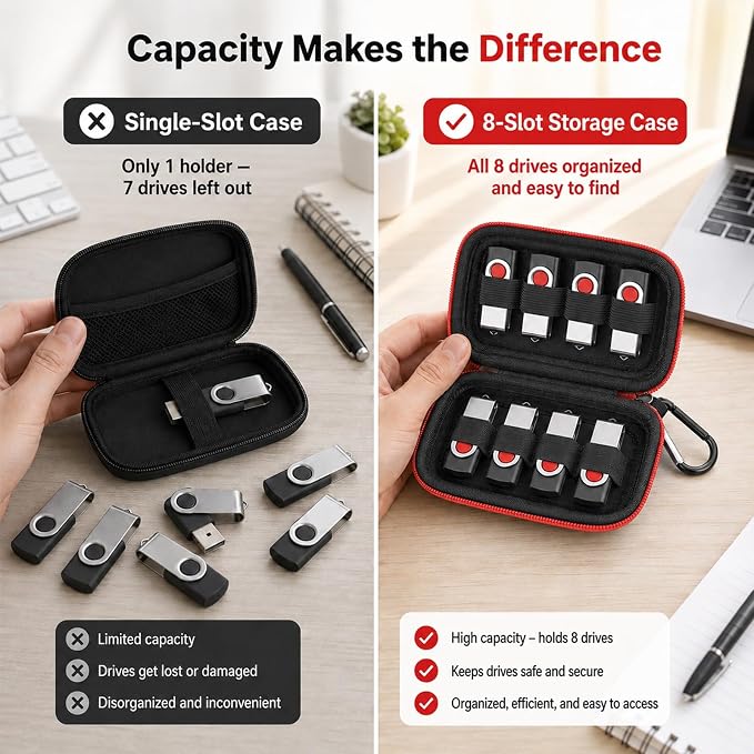 ALKOO Flash Drive Case USB Storage Case, Thumb Drive Holder, Holds 8, Black | Hard Shell, 8 Elastic Slots for USB Drives and SD/Memory Cards, Portable Travel and Office Organizer, Case Only, Black - Image 4