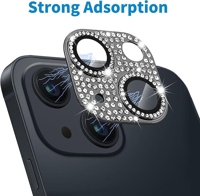 Designed for iPhone 14 and 14 Plus Camera Lens Protector, Bling Rhinestone Sparkle Diamond 9H Tempered Glass Lens Cover Shockproof Full Protective Camera Cover, Black - Image 3