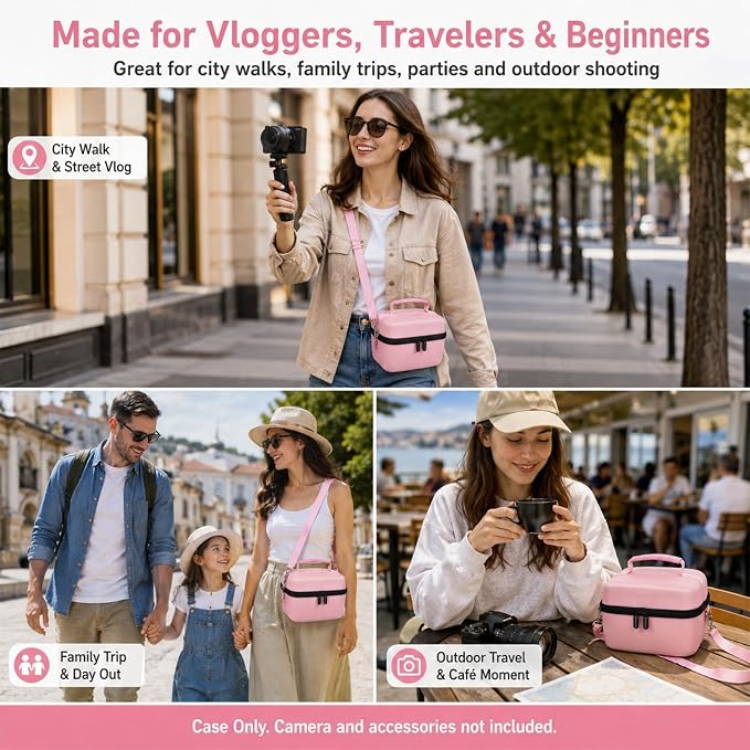 Comecase Large Travel 4K Vlogging Camera Case for Duluvulu/for AUREAPIX | Outdoor Camera Storage with 2 Dividers and Mesh Pocket, for Vloggers and Content Creators, Trip Ready, Pink - Case Only - Image 8