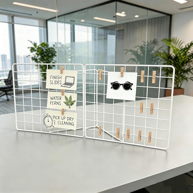 Foldable Desktop Photo Display Rack & Grid Display Board, Fold Flat for Easy Storage with 20 Wooden Clips – Photo, Accessory & Handcraft Display Organizer for Home Office White - Image 3