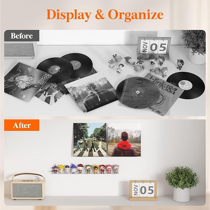 Lifewit Narrow Acrylic Floating Shelves for Vinyl Record 12", Clear 10 Pack | Wall Shelf for Nail Polish, Book, Picture, Makeup, Album Covers Display Organizer for Bedroom, Living Room, Bathroom Decor - Image 4
