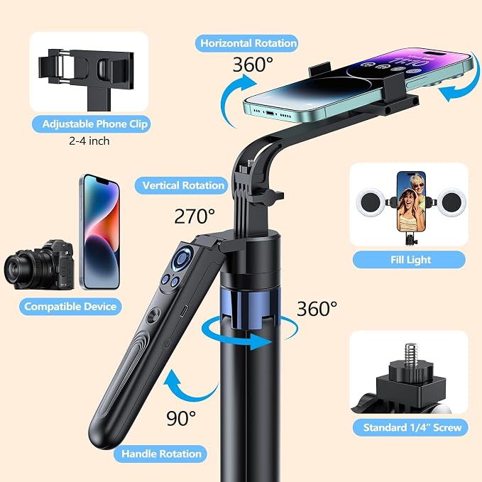 Smart Face Tracking Tripod Selfie Stick with LED Light, 360° Rotating 70" Phone Camera Stand with Bluetooth Remote, Perfect for Video Recording, Live Broadcast, and Social Media Content - Image 5