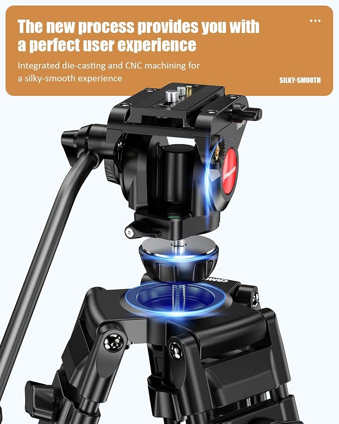CAMBOFOTO 74"/190cm Video Tripod, Heavy Duty Tripod for Camera, Fluid Head | Professional Tripod with 2 Quick Release Plates(3/8" & 1/4"), Smooth Friction Damping for DSLR Camcorder Telescope, 20lb Load - Image 4