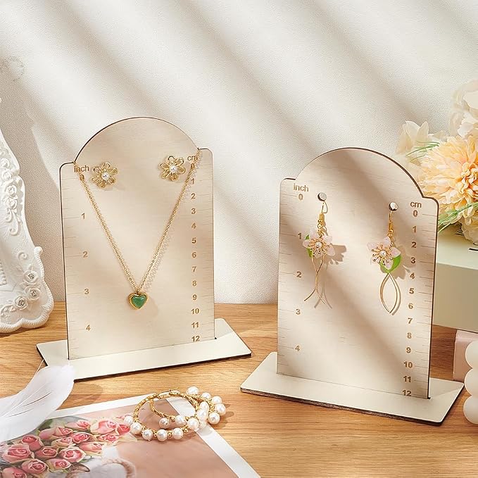 FINGERINSPIRE 2 Pcs Earring Measurement Display Stand 5.1x2.4x6.3 Wood Ear Stud Stand Earring Organizer Frame with Measurement Floral White Arch-Shaped Earring Holder for Measuring Selling Earring - Image 5