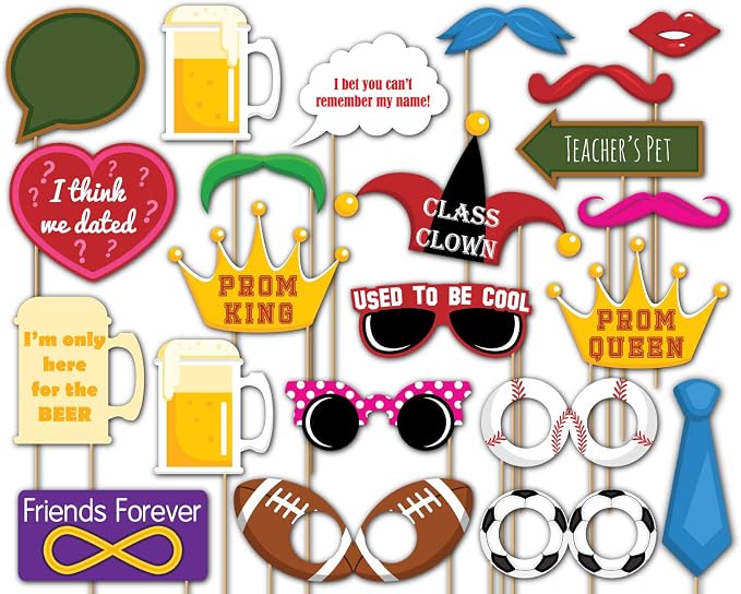 Class Reunion Photo Booth Props Kit - 20 Pack Party Camera Props Fully Assembled by BirthdayGalore
