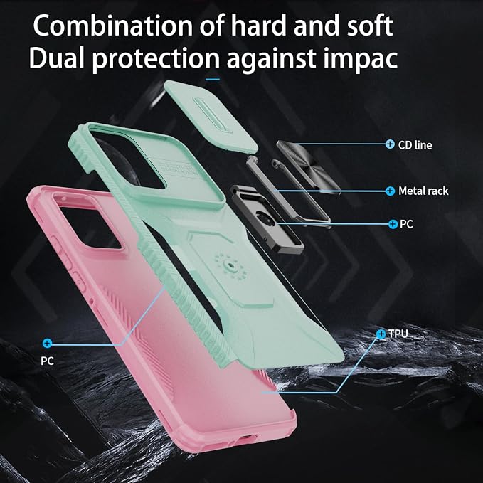 for Moto Edge 2024 Case,with Sliding Camera Lens Cover,HD Screen Protector,360° Rotating Ring Kickstand, Military-Grade Shockproof Protective Cover for Motorola Moto Edge 2024,Mint+Pink - Image 4