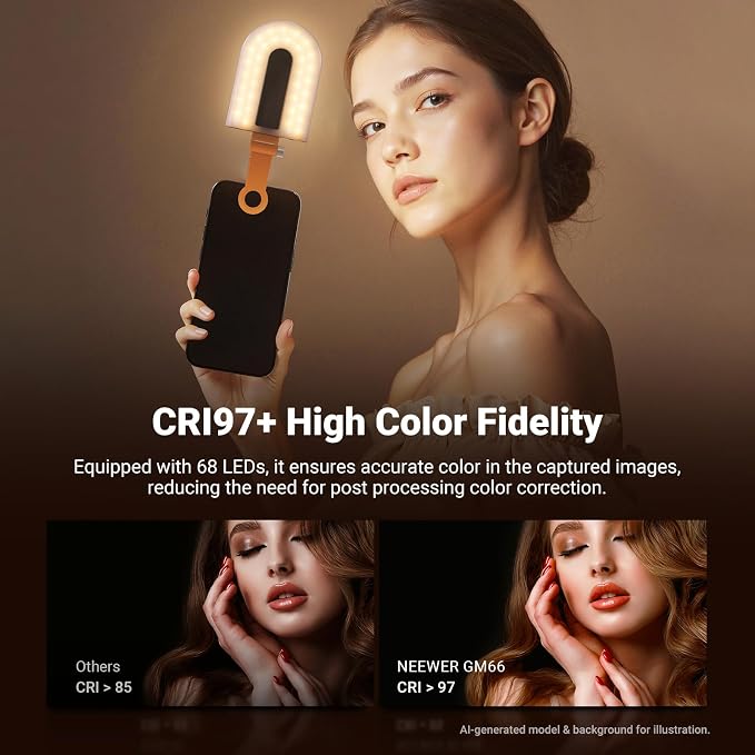 NEEWER GM66 Clip on Selfie Light for Phone, 68 LEDs, Bi Color Lighting Compatible with iPhone with CRI97+, 2000mAh for TikTok Vlog Recording Streaming Laptop Computer Webcam Video Conference Makeup - Image 4