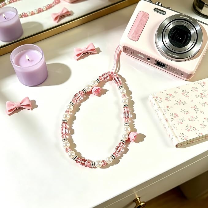 Phone Charm Beaded Camera Wrist Strap Cute Chain Lanyard Wristlet | Camera Wristlet Crystal Pearl Camera Charm Strap Girly Phone Charms Strap Bag Purse Charms for Women - Image 2