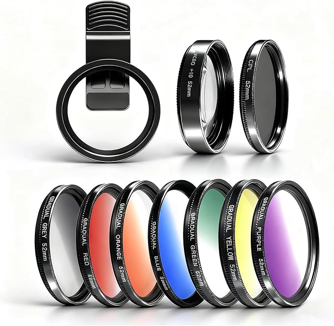 10 in 1 Phone Camera Lens Kit, 52mm Clip-on Glass CPL Polarizing Lens for iPhone with 10 x Macro Lens, 7 Color Lens Filters and CPL Filter by DRAMLOR