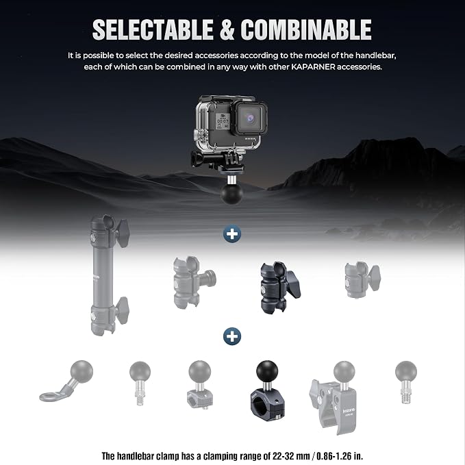 Sport Camera Holder with 1/4" Thread Ball Adapter, Install 22-32mm Diameter Round Bars, 25mm Ball, Aluminum, U-Bolt Base for ATV/Scooter Handlebar (KCB-2) - Image 5