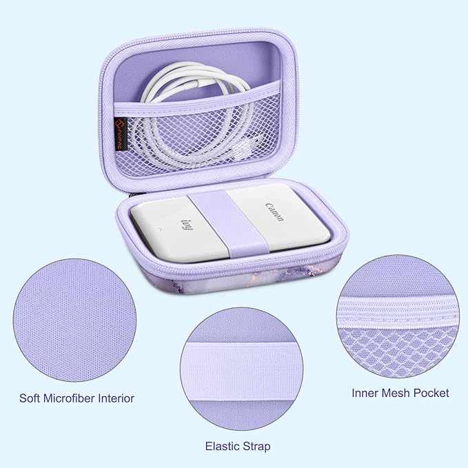 FINTIE Protective Case for Canon Ivy 2 Mini, CLIQ2 & CLIQ+2 Photo Printer | Shockproof Hard Shell Carrying Case, With Wrist Strap, Pocket Camera Storage, Charger Cable Organizer, Lilac Marble - Image 4