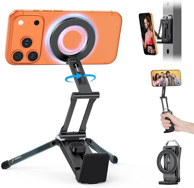 OMOTON TP02 [360° Rotating] Stable Clip Magnetic Phone Tripod for iPhone 17 | Aluminum Cell Phone Stand, Back Magnet Base, Fold 3-Adjustment, Women Men Gift, Fits Vlog, Gym, Travel Essentials Accessories by OMOTON