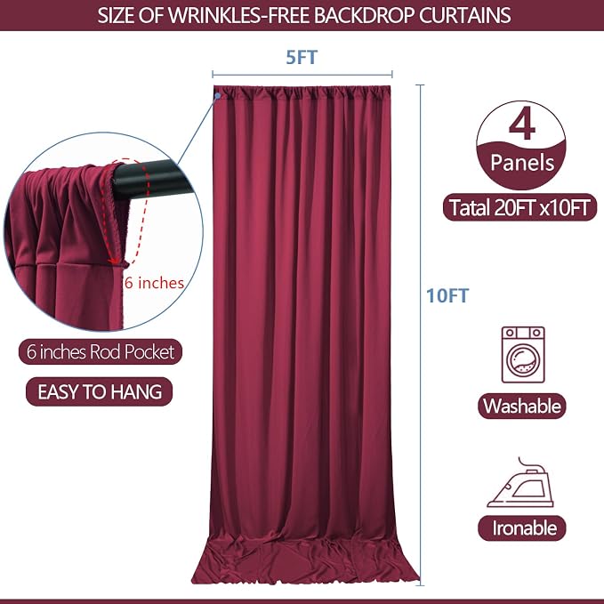 ESGOTBME 20x10ft Wrinkle Free ‌Burgundy Backdrop Curtain for Parties Soft Fabric Drapes Wedding ‌Curtain Backdrop for Birthday Party Decorations Background for Photography 5x10ft, 4 Panels - Image 3