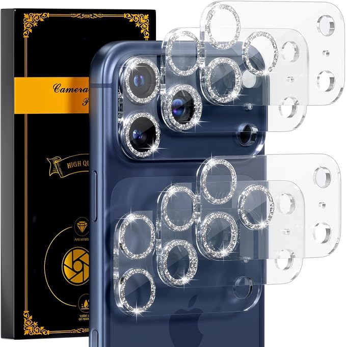 for 6 Pack iPhone 17 Pro Max Camera Lens Protectors, Glitter Silver | [Drop Protection] [Case Friendly] [Easy Installation] 9H Tempered Glass Camera Screen Protector Cover Accessories 6.9-inch by Beuxece