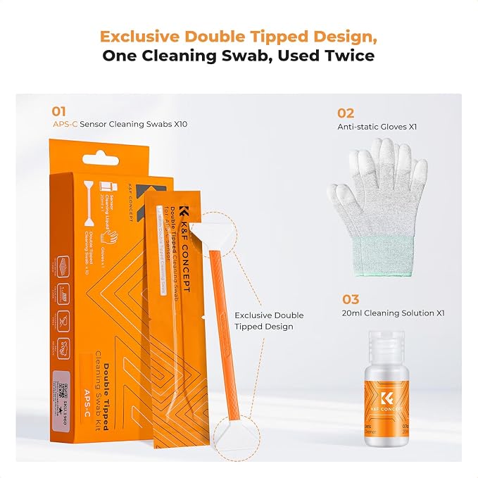 K&F CONCEPT Double-Tipped APS-C Sensor Cleaning Kit with Sensor Cleaner | 16mm Sensor SwabsX10,New Dual-Head Design, Vacuum Sealed,20ML Gentle Cleaner,Precision Cleaning,for Nikon Canon Clean,MC04 - Image 2