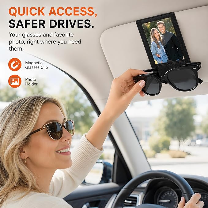 2-in-1 Car Visor Sunglasses & Photo Holder, Magnetic PU Leather Glasses Clip with Picture Display Slot, Universal Sun Visor Organizer for Eyeglasses, Personalized Cards & Memories, Black - Image 2