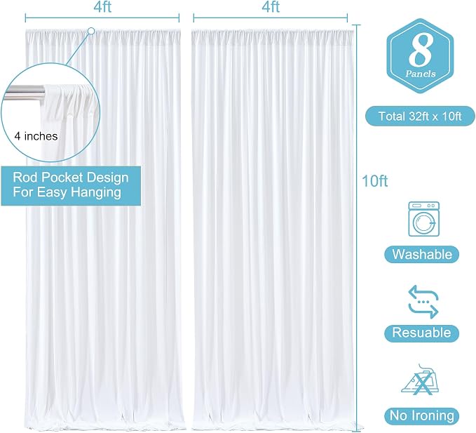 White Backdrop Curtains 8 Panels, 10 Feet Wrinkle-Free Polyester Photography Backdrop Drapes for Wedding Baby Shower Party Background Backdrop Stand- 32 X10FT (White) - Image 3