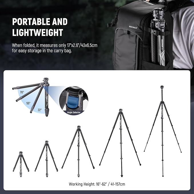 NEEWER LITETRIP LT32 Camera Travel Tripod, Carbon Fiber Portable Stand, Ball Head Detachable Center Axis Flip Buckle Cleaning Cloth Arca QR Plate Compatible with PD (Former TP62) - Image 5