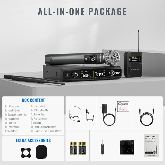 Phenyx Pro Dual UHF Tunable Freq Wireless Microphone System PTU-52-1H1B | 2 x 30 Tunable Fre, 200 ft Range, 2 Headset/Lapel Mics, Metal Cordless Mic for Singing, Karaoke, Church, Wedding, DJ Events - Image 8