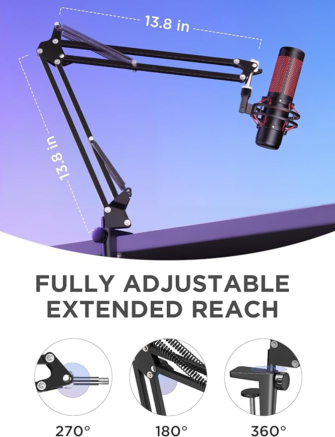 InnoGear Boom Arm Microphone Mic Stand for Blue Yeti Fifine HyperX, Black | Desk Mount, Desktop Stands, Adjustable Reach, Rotate Fully, Folds Away Compactly, for Gaming, Streaming or Recording - Image 3