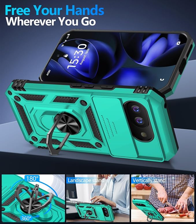 Taisairu for Google Pixel 9A Case with Screen Protector & Slide Camera Lens Cover,Built-in 360°Rotate Magnetic Ring Stand Shockproof Protective Phone Case for Google Pixel 9A Case(Mint Green) - Image 3