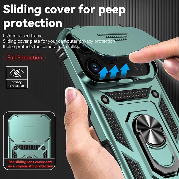 SunStory Phone Case for iPhone 17 Pro Case with HD Screen Protector & Slide Camera Cover & Rotated Ring Kickstand, [Military-Grade] Phone Case for iPhone 17 Pro, Green - Image 3
