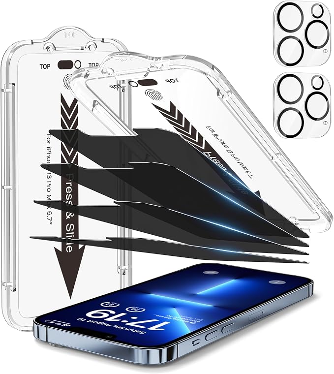 EZ-GLAZ-4+2 Pack for iPhone 13 Pro Max Privacy Screen Protector (6.7") | 2-Pack Lens Protectors, Alignment Kit, Easy Installation, 9H+ Tempered Glass, Scratch Resistant, 28° Privacy Protection by EZ-GLAZ