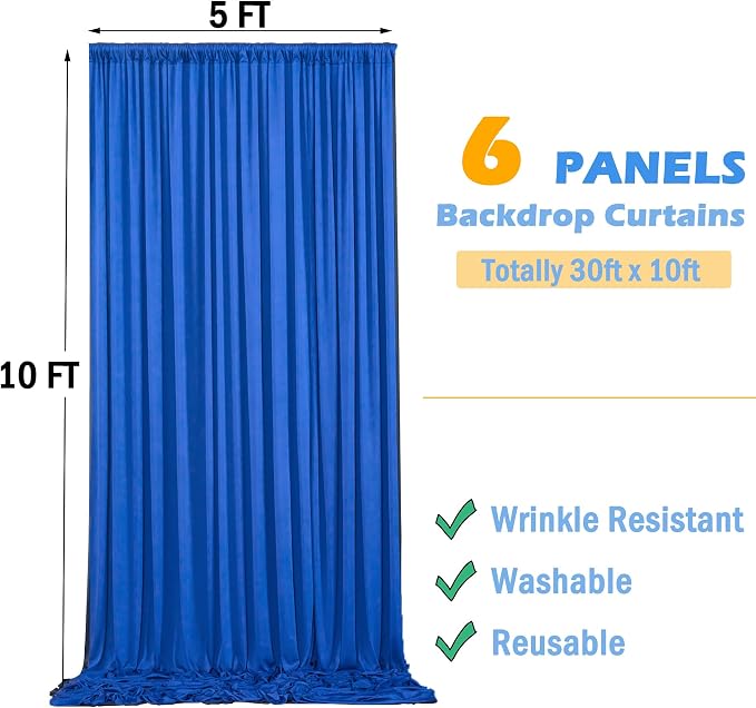 30ftx10ft Wrinkle Free Royal Blue Backdrop Curtains for Party Background, Silky Polyester Photo Backdrop Drapes 6 Panels Back Drop Cloth for Wedding Birthday Photography Baby Shower Decor - Image 4
