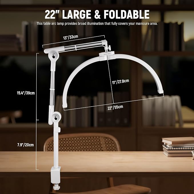 NEEWER Basics 22" Half Moon Lash Light with Articulating Desk Clamp Mount Stand/Phone Holder, 32W Foldable LED Nail Tech Table Arc Lamp for Makeup Beauty Tattoo Overhead Video Recording, HM03-D - Image 5