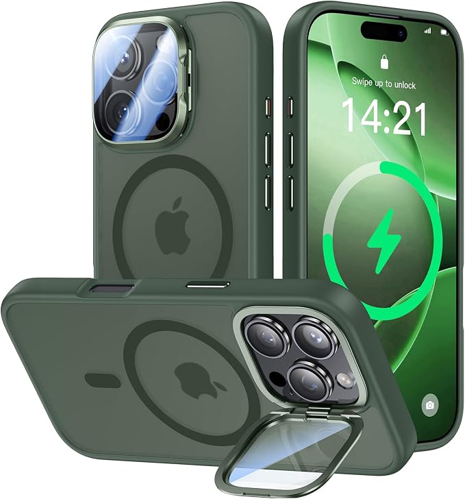 VOFATA [Upgraded] for iPhone 16 Pro Max Case with Camera Cover Stand [Fit for MagSafe][9H Camera Lens Protector] Mil-Grade Protection Translucent Magnetic iPhone 16 Pro Max Phone Case, Green by VOFATA